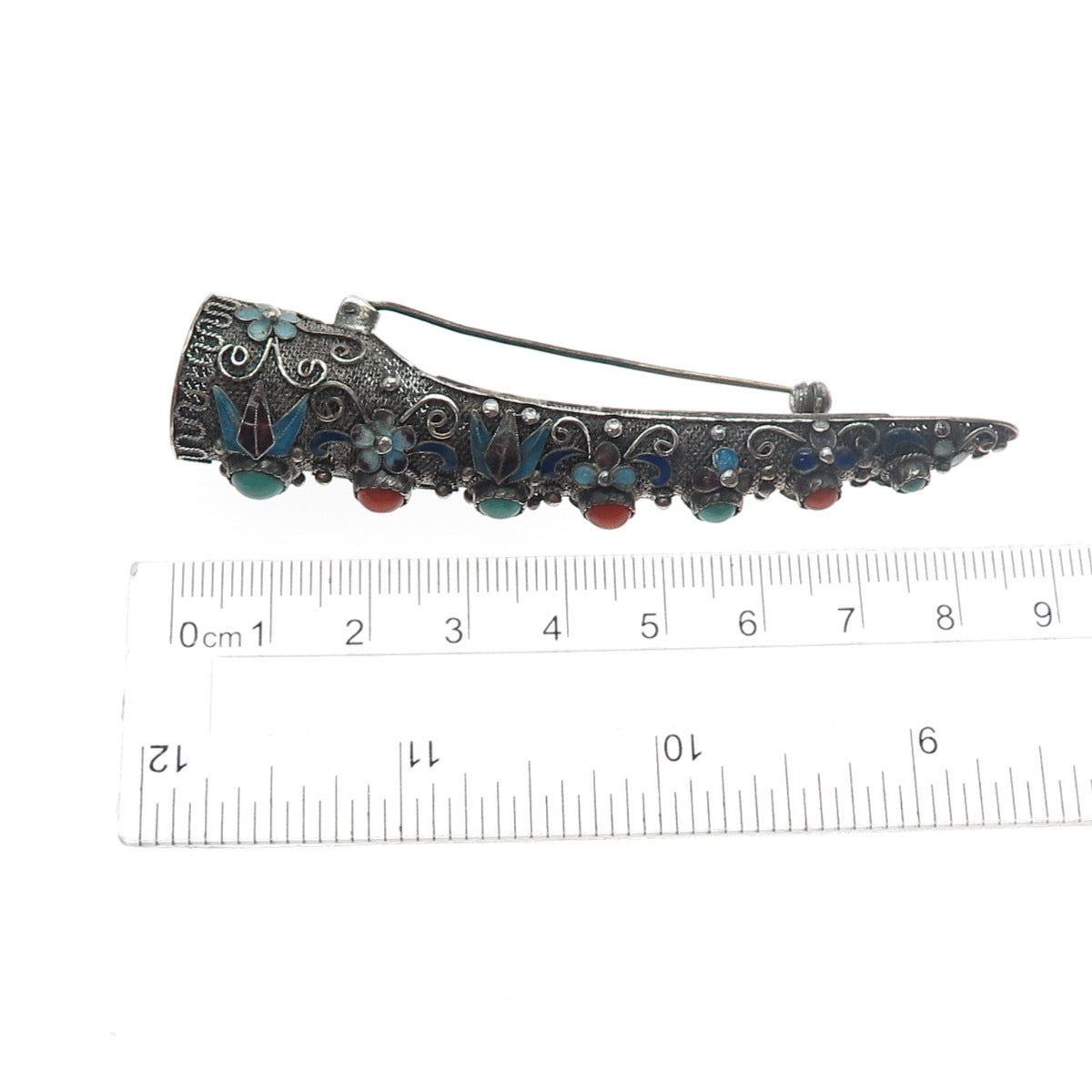 925 Sterling Antique China Enamel Turquoise & Coral Finger Nail Guard Pin Brooch