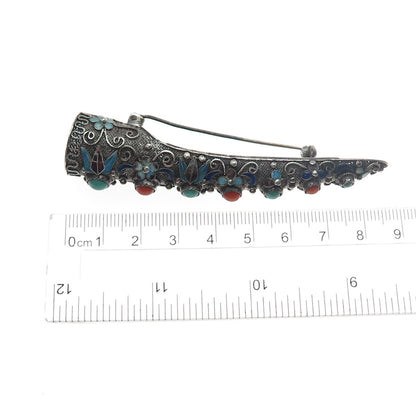 925 Sterling Antique China Enamel Turquoise & Coral Finger Nail Guard Pin Brooch