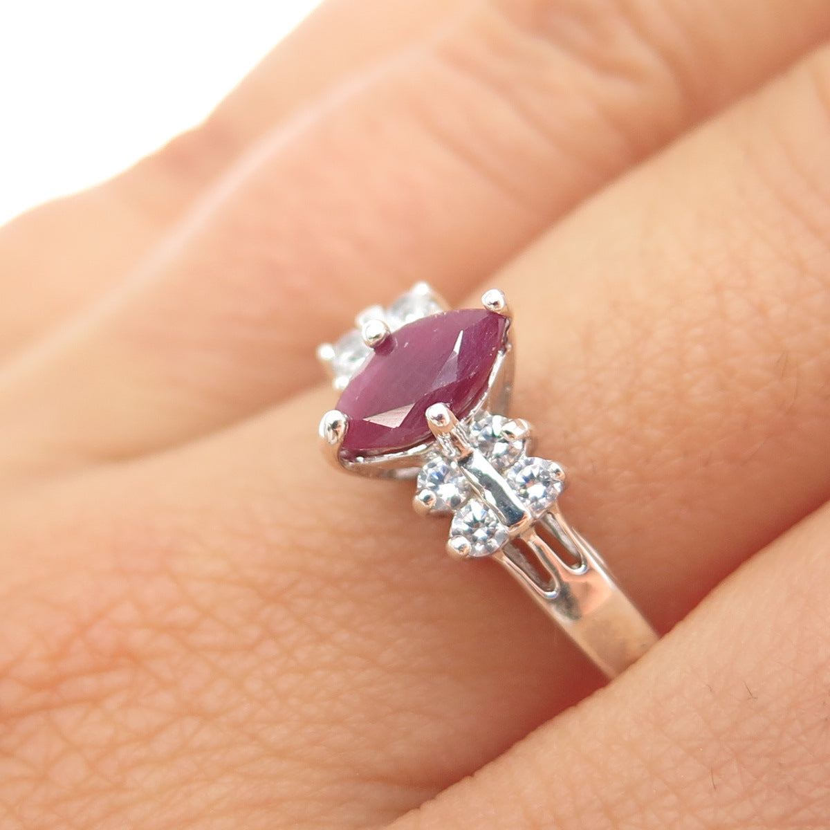 RJ GRAZIANO 925 Sterling Silver Real Marquise-Cut Ruby & C Z Ring Size 8.25
