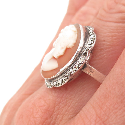 925 Sterling Silver Antique Art Deco Real MOP & Marcasite Lady Cameo Ring Size 9