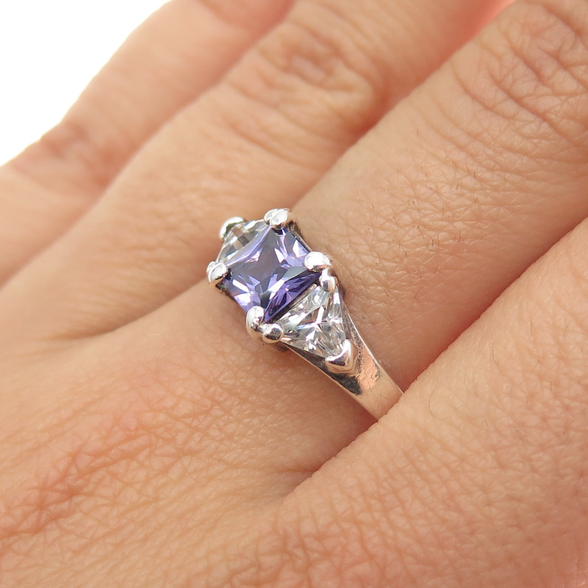 925 Sterling Silver Princess-Cut Purple & Triangle-Cut White C Z Ring Size 8.75