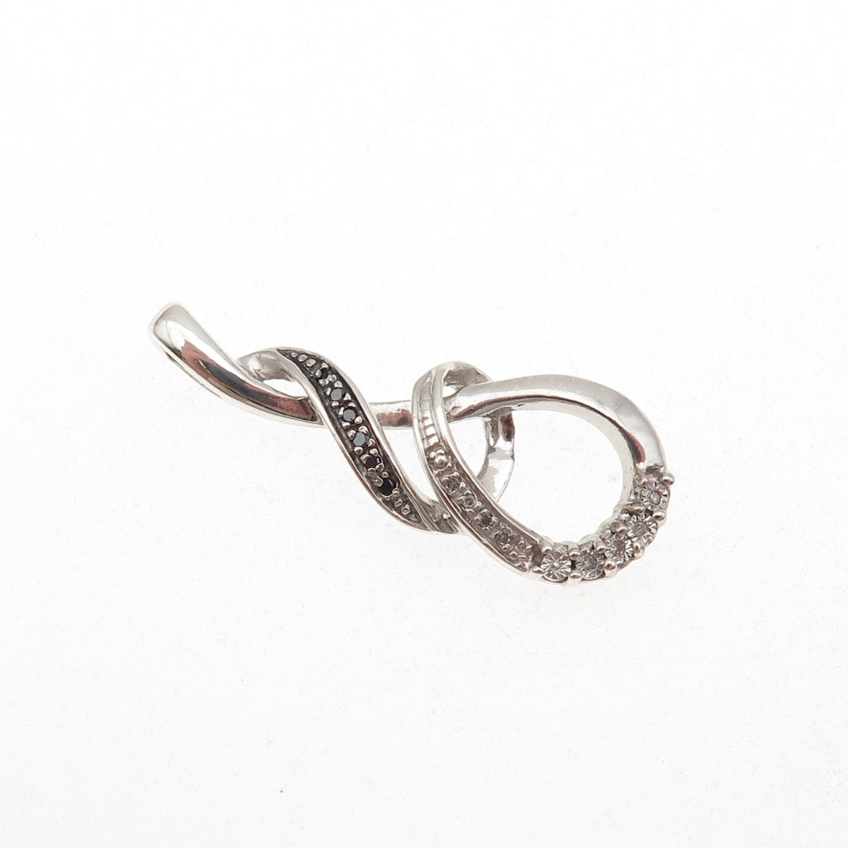 925 Sterling Silver Real Black & White Diamond Twisted Charm Pendant