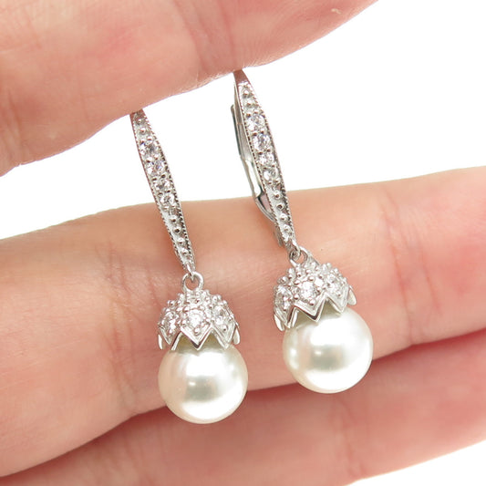 925 Sterling Silver Real Pearl & Round-Cut C Z Teardrop Dangling Earrings