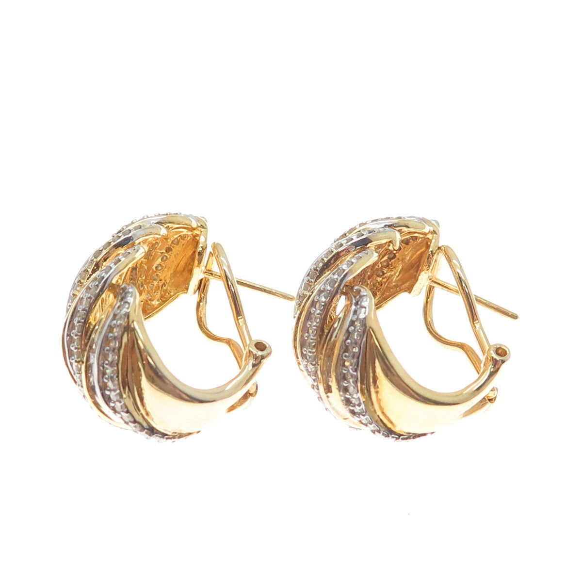 SUN 925 Sterling Silver Gold Plated Real White Diamond Wavy Omega Back Earrings