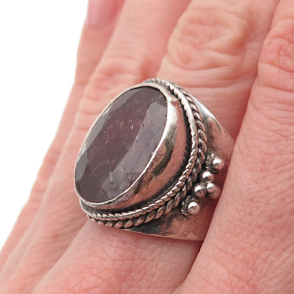 925 Sterling Silver Vintage Real Ruby Modernist Oxidized Ring Size 8.5