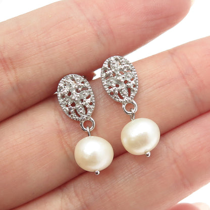 925 Sterling Silver Real Pearl & C Z Dangling Earrings