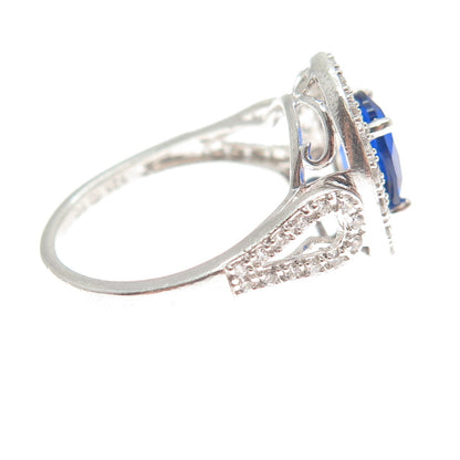 925 Sterling Silver Blue Oval-Cut & White Round-Cut Shaped C Z Ring Size 7