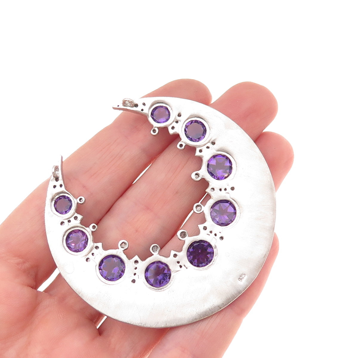 925 Sterling Silver Real Diamond & Amethyst Crescent Centerpiece Slide Pendant