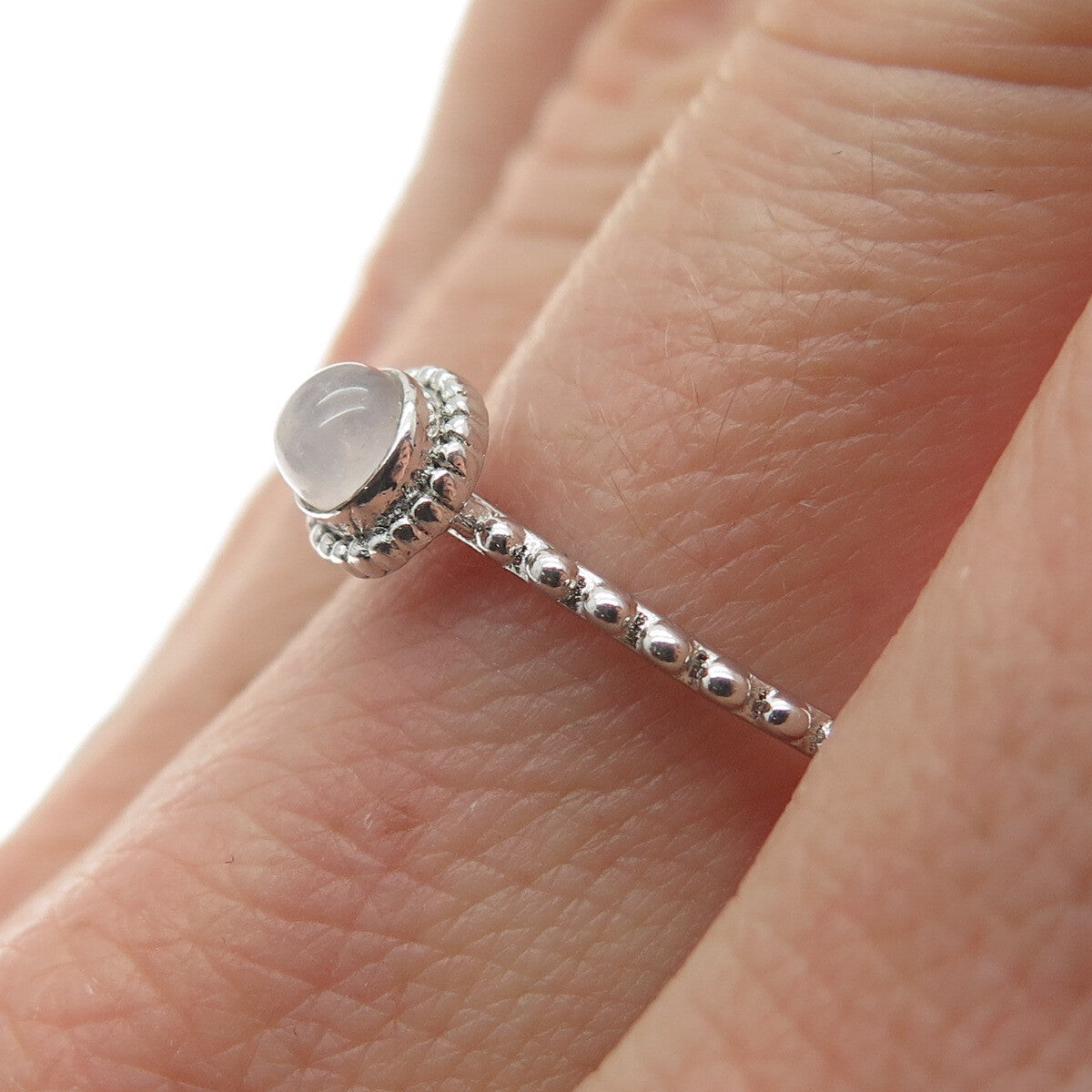 925 Sterling Silver Real Rose Quartz Beaded Ring Size 7.25