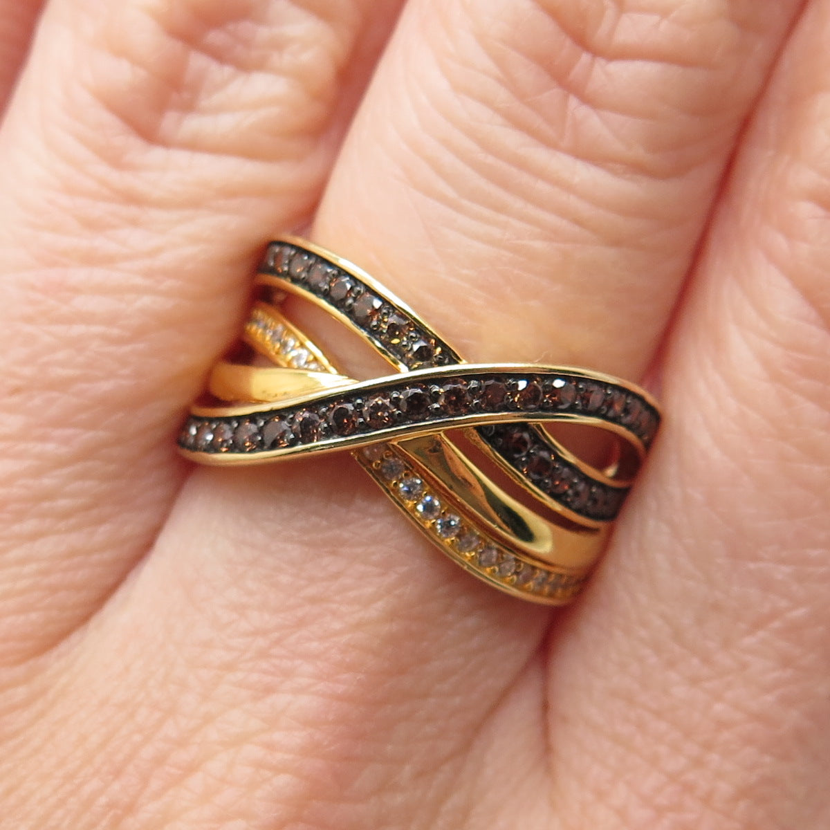 925 Sterling Silver Gold Plated Real Smoky Quartz C Z Crisscross Ring Size 7.25