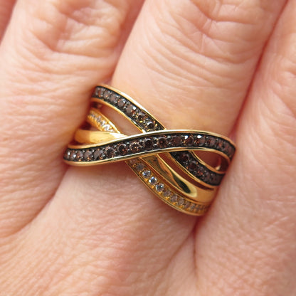 925 Sterling Silver Gold Plated Real Smoky Quartz C Z Crisscross Ring Size 7.25