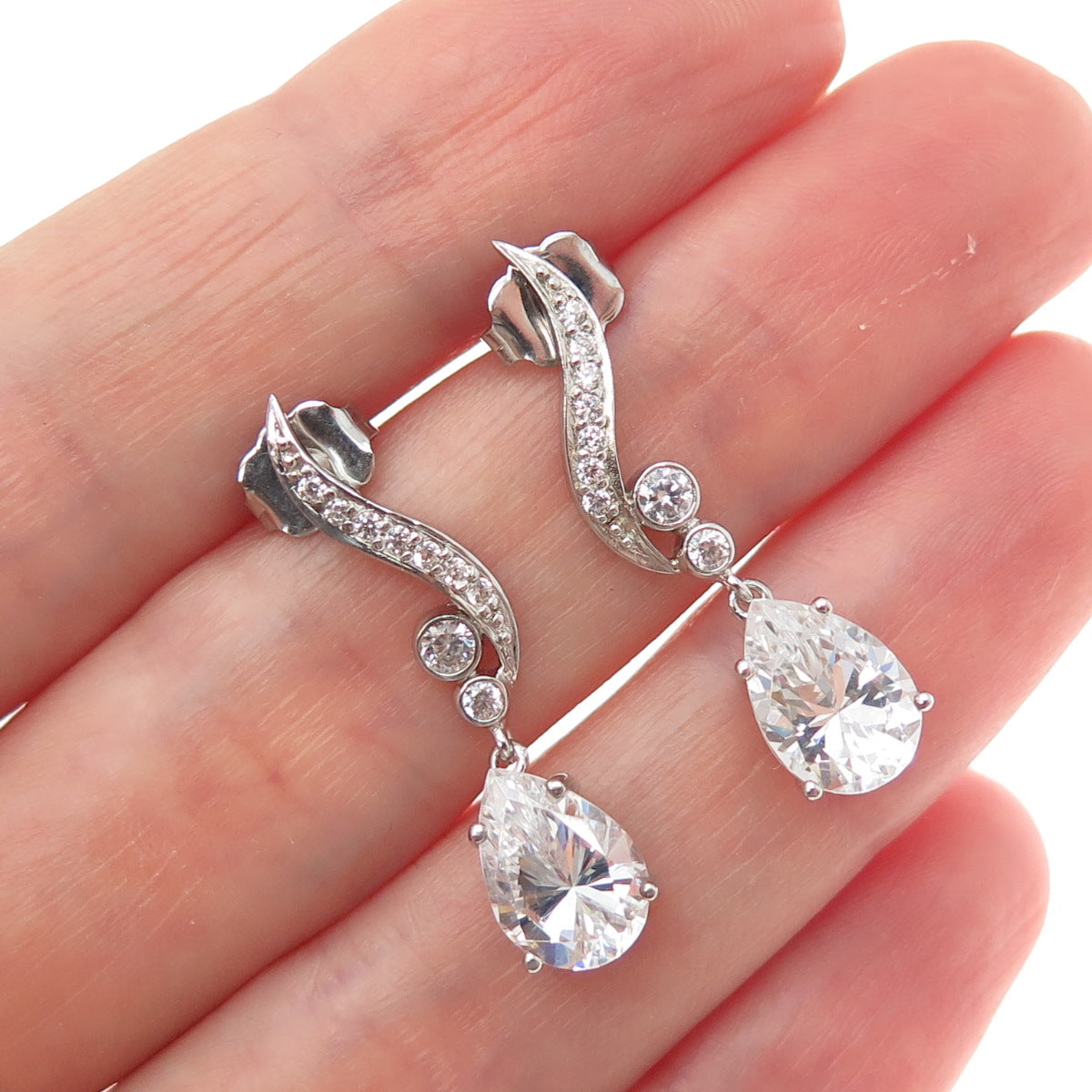 925 Sterling Silver Pear & Round-Cut C Z Dangle Earrings