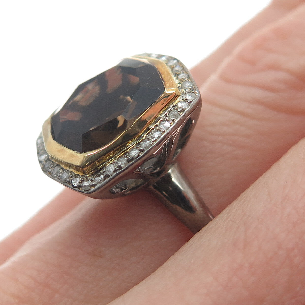 925 Sterling Silver Black Rhodium 2-Tone Diamond & Smoky Quartz Ring Size 6.75