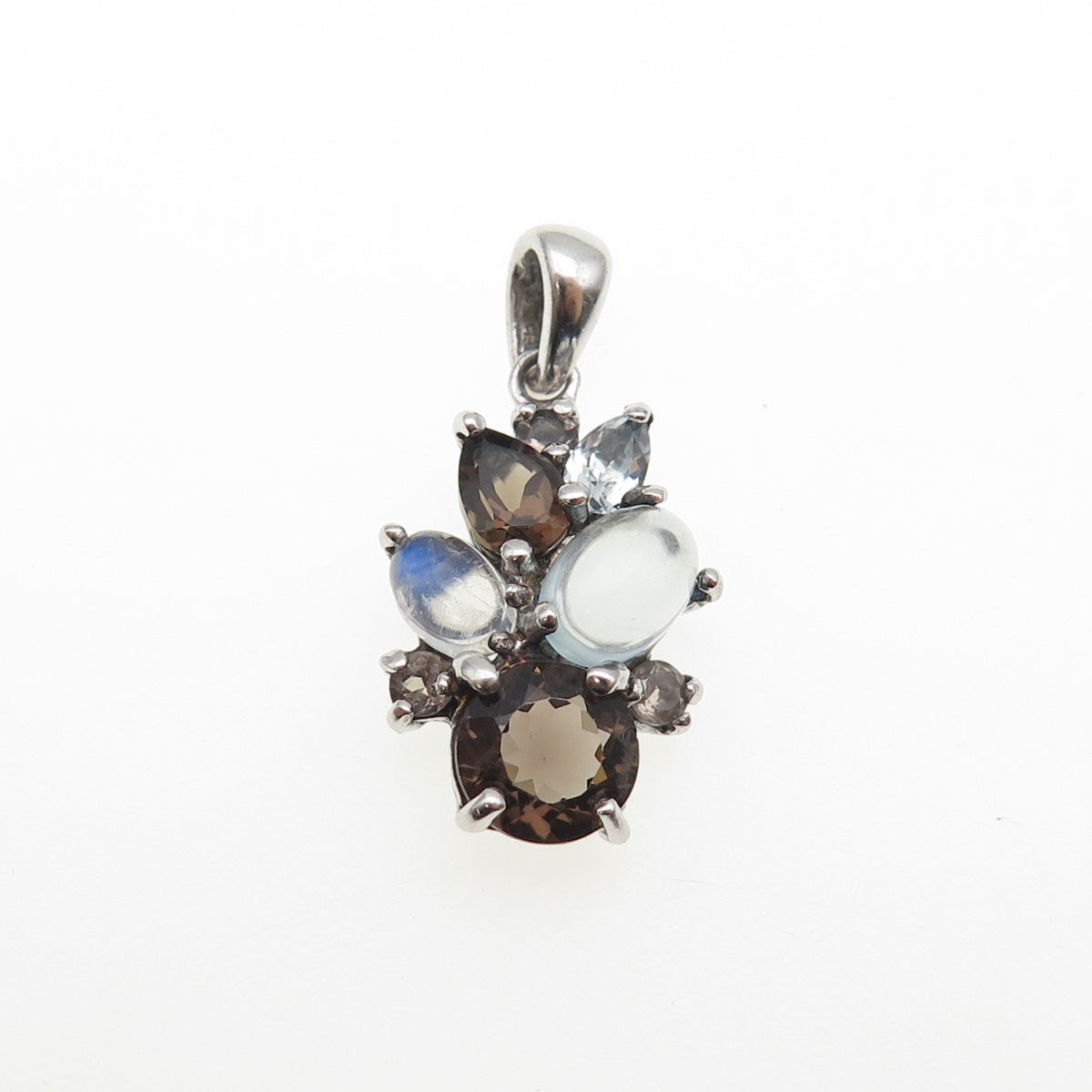 925 Sterling Silver Real Smoky Quartz Blue Topaz & Moonstone Charm Pendant