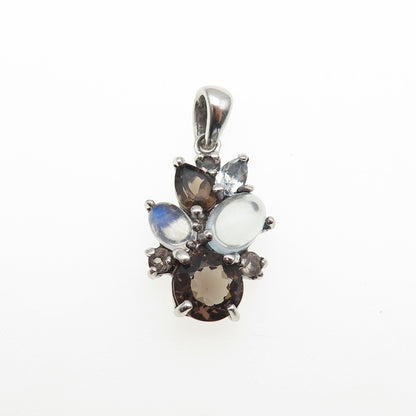 925 Sterling Silver Real Smoky Quartz Blue Topaz & Moonstone Charm Pendant