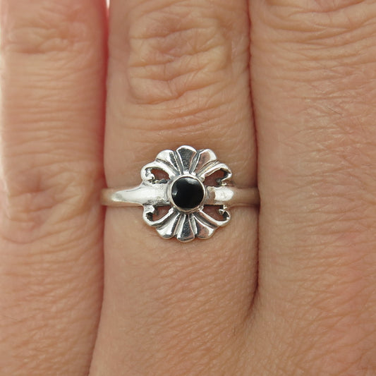 925 Sterling Silver Vintage Real Black Onyx Floral Ring Size 6.75