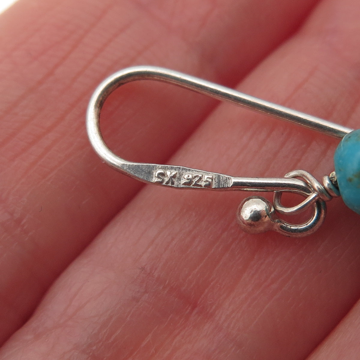 SX Sally C 925 Sterling Silver Vintage Real Turquoise Beaded Dangle Earrings