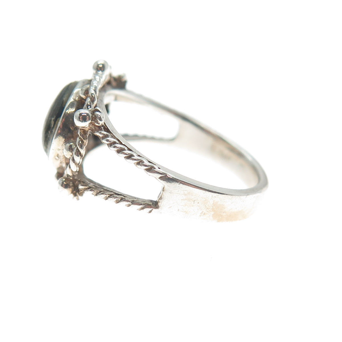 925 Sterling Silver Vintage Real Abalone Shell Modernist Beaded Ring Size 5.25