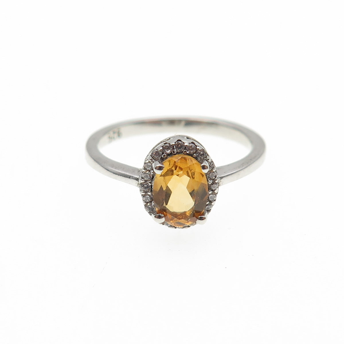 925 Sterling Silver Real Oval-Cut Citrine & Round-Cut C Z Ring Size 6