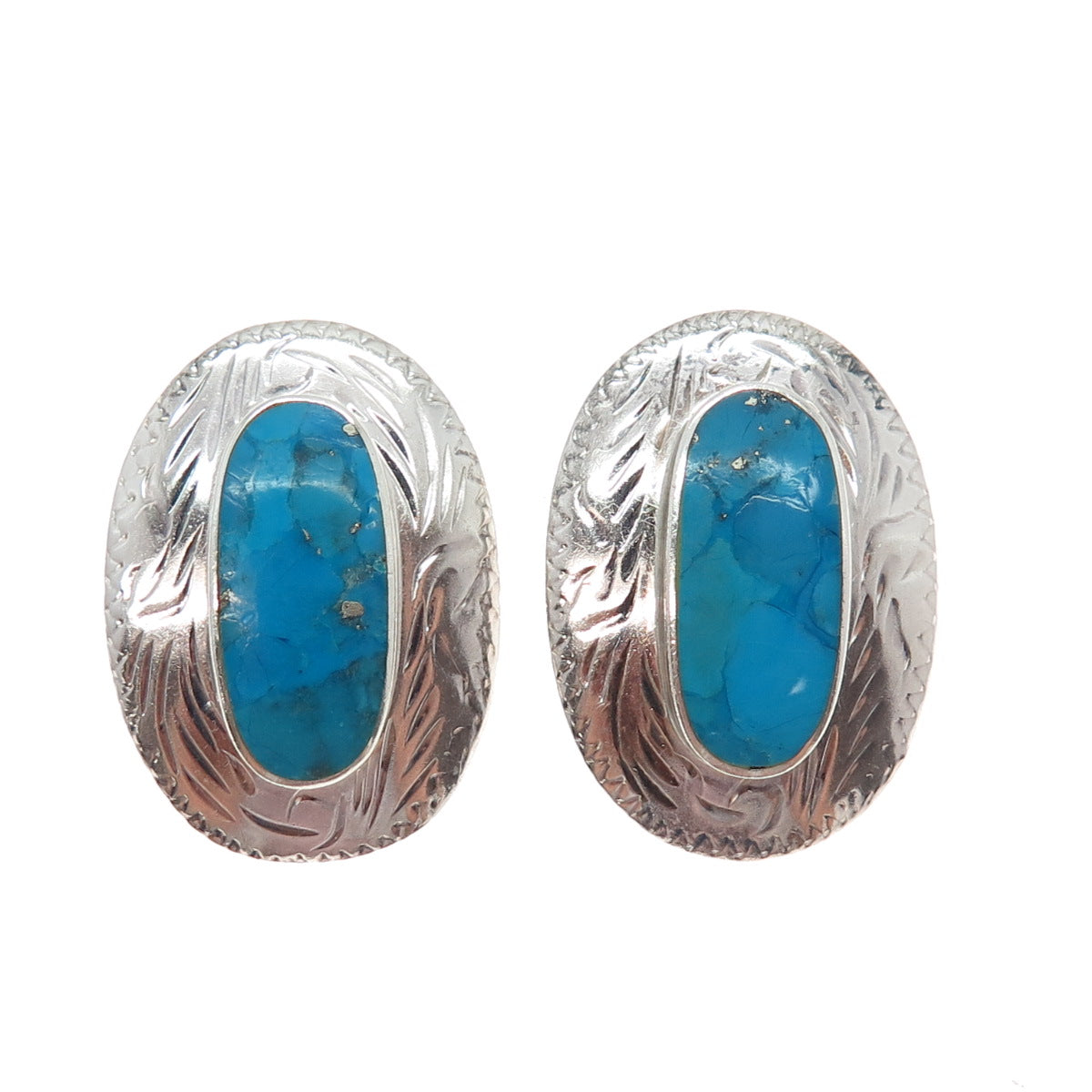 CHAPAL ZENRAY 925 Sterling Silver Vintage Real Morenci Turquoise Ethnic Earrings