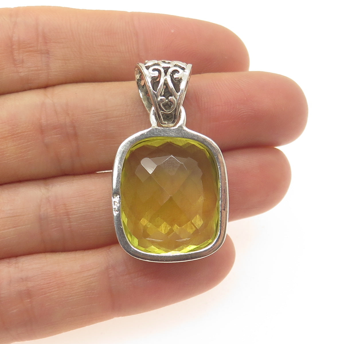 925 Sterling Silver Vintage Real Cushion-Cut Lime Citrine Ornate Pendant