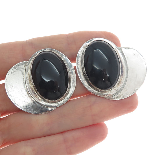LOUIS BOOTH 925 Sterling Silver Vintage Real Black Onyx Modernist Earrings