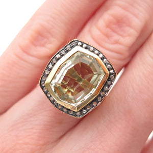 925 Sterling Silver Gold Plated Real Diamond & Green Amethyst Ring Size 4.75