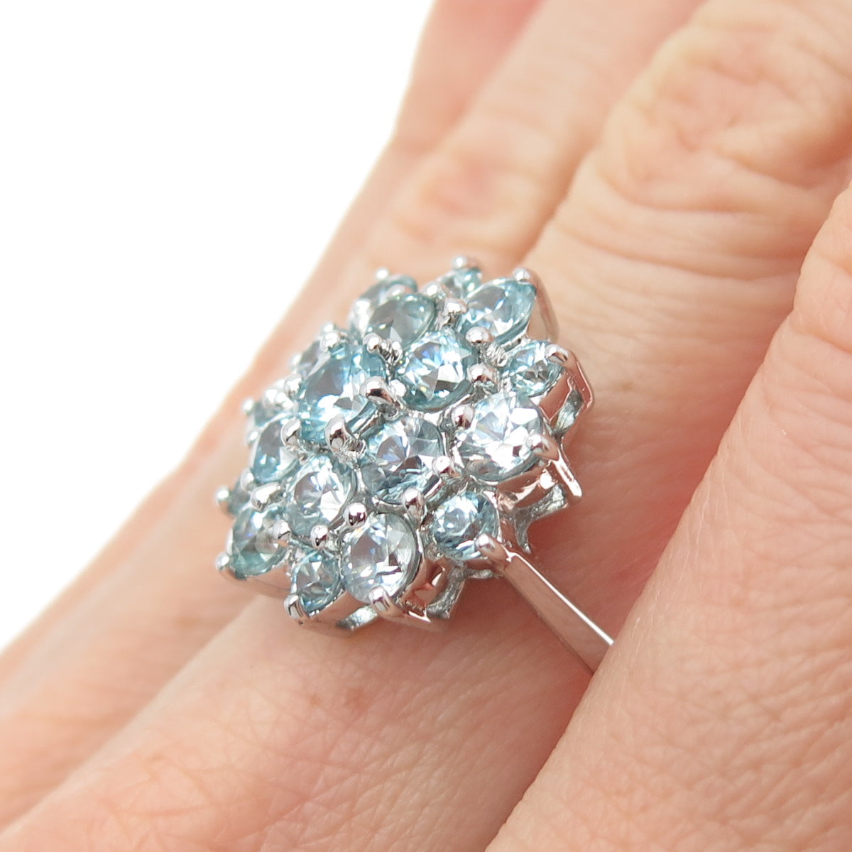 925 Sterling Silver Real Round-Cut Blue Topaz Flower Cluster Ring Size 7.5