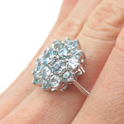 925 Sterling Silver Real Round-Cut Blue Topaz Flower Cluster Ring Size 7.5