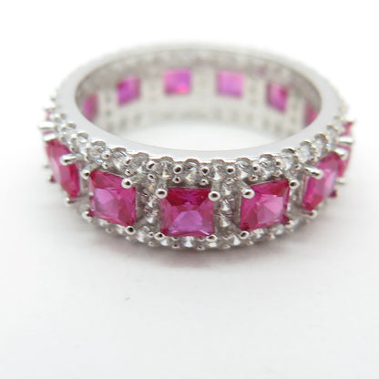 925 Sterling Silver Lab-Created Pink Sapphire & C Z Eternity Ring Size 5.5