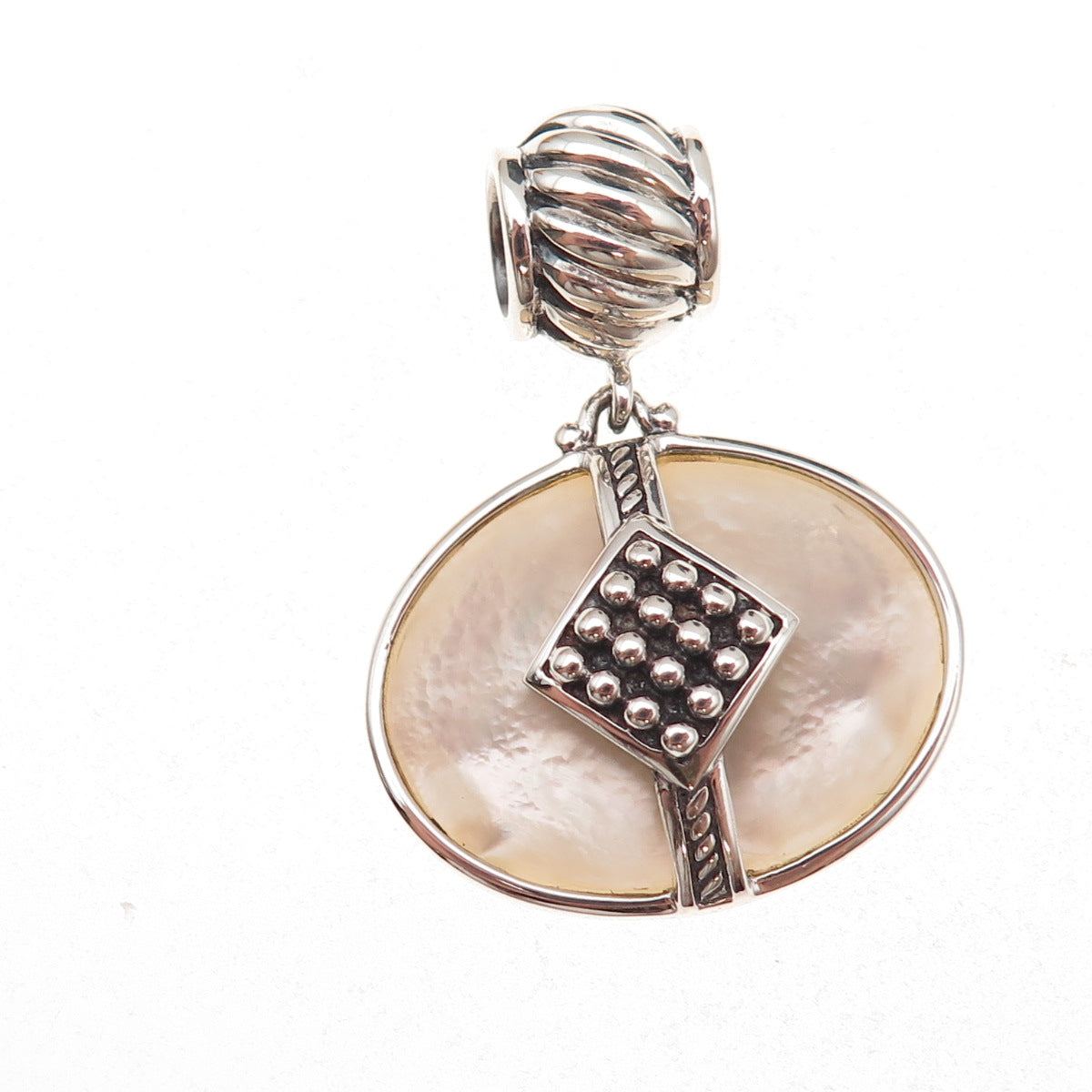 925 Sterling Silver Vintage Real MOP Modernist Oxidized Slide Pendant