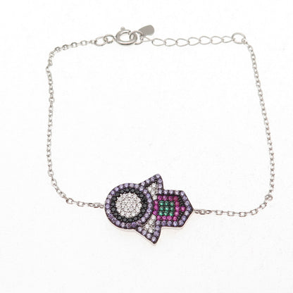 925 Sterling Silver Multi-Color C Z Hamsa Amulet Cable Link Bracelet 6.5-7.5"