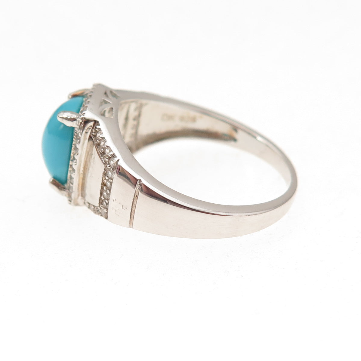 925 Sterling Silver Real Sleeping Beauty Turquoise & White Topaz Ring Size 8.25