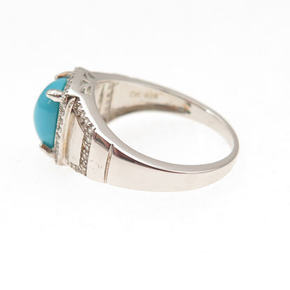 925 Sterling Silver Real Sleeping Beauty Turquoise & White Topaz Ring Size 8.25