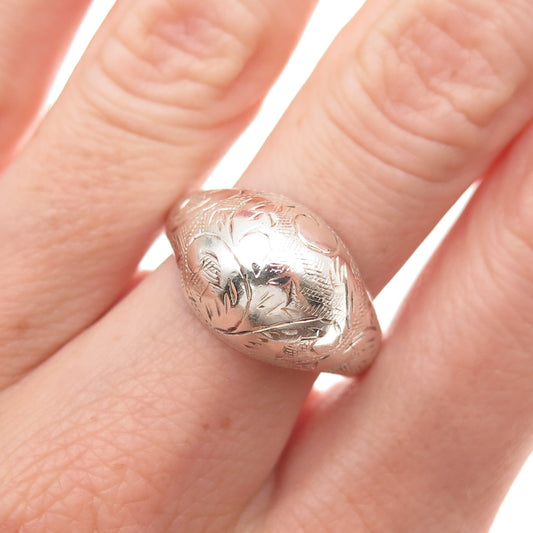 925 Sterling Silver Vintage Engraved Floral Dome Oxidized Ring Size 9.25