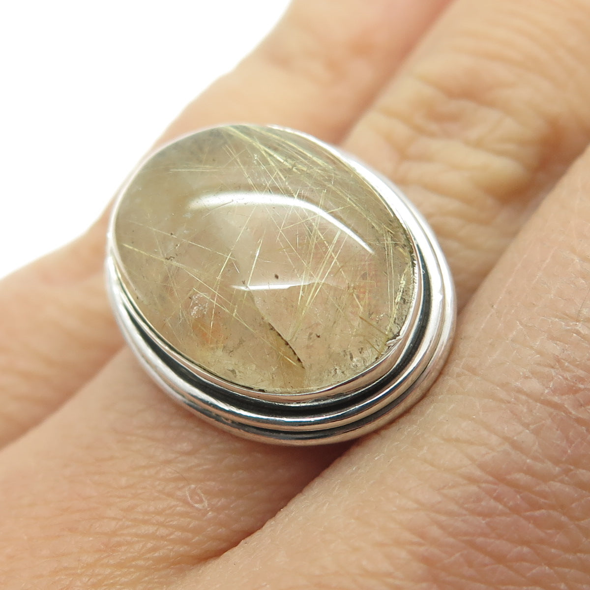 925 Sterling Silver Vintage Real Cabochon Rutilated Quartz Ring Size 6.75