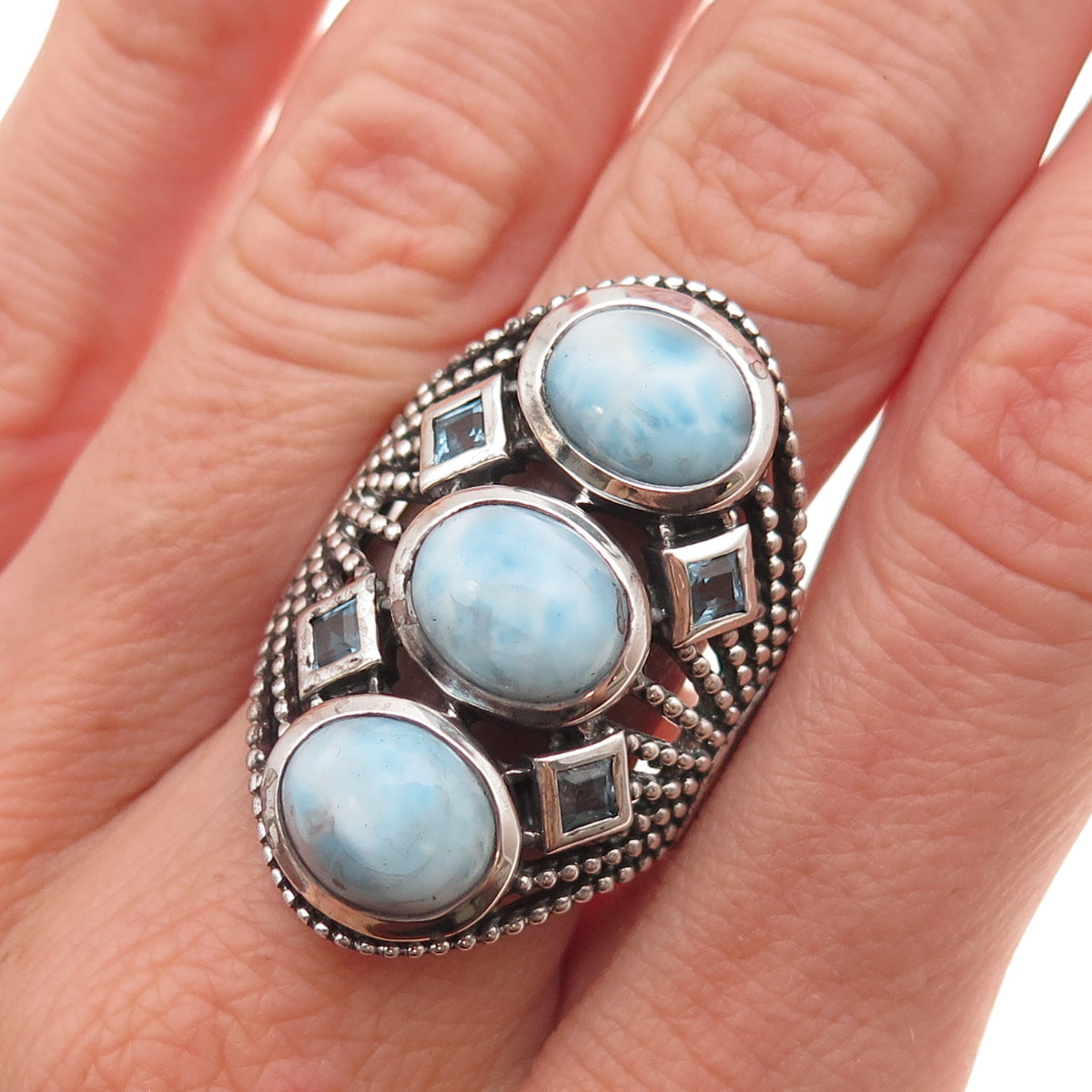 925 Sterling Silver Vintage Real Larimar & Blue Topaz Oxidized Ring Size 8