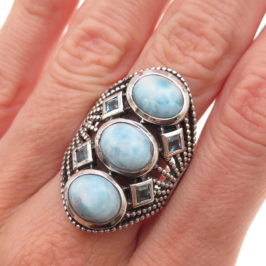 925 Sterling Silver Vintage Real Larimar & Blue Topaz Oxidized Ring Size 8