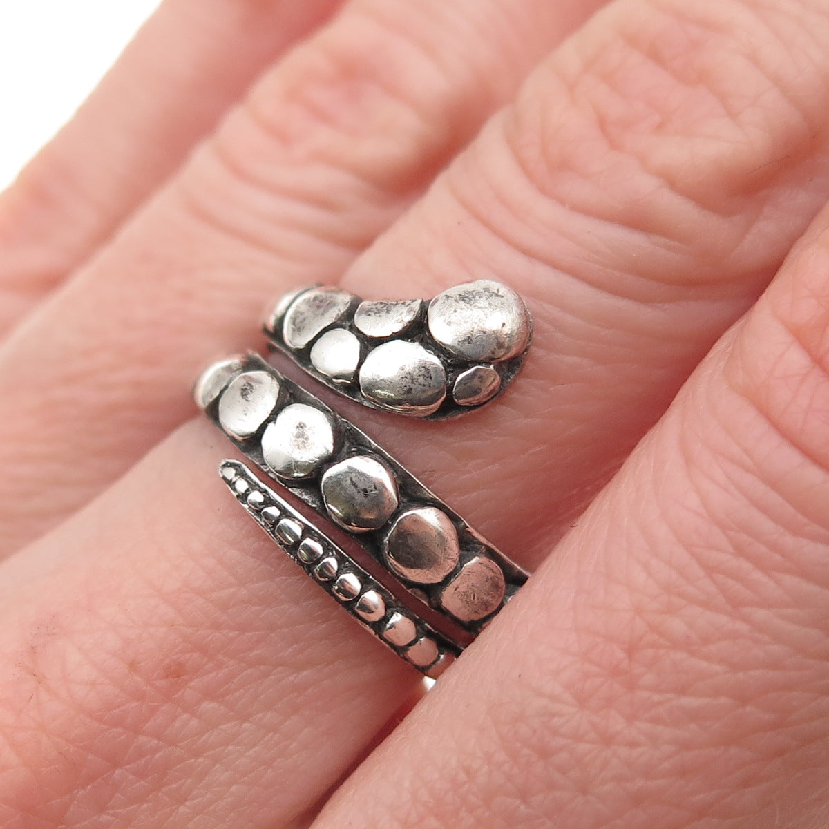 925 Sterling Silver Vintage Snake Dotted Oxidized Adjustable Wrap Ring Size 7