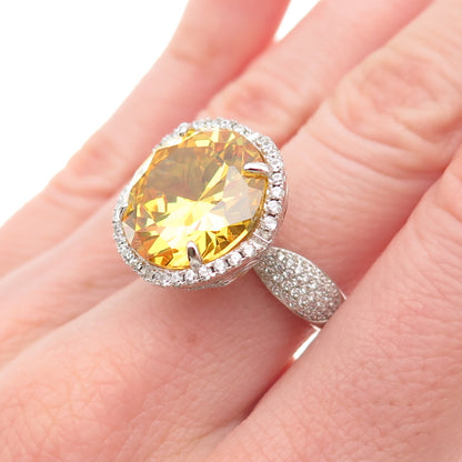 925 Sterling Silver Round-Cut Canary & White C Z Ring Size 7