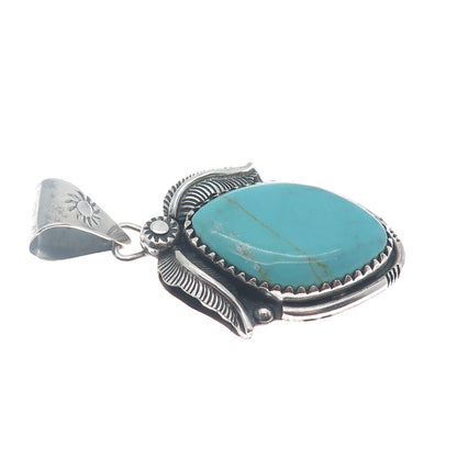 925 Sterling Silver Vintage Real Tyrone Turquoise Leaf Floral Oxidized Pendant