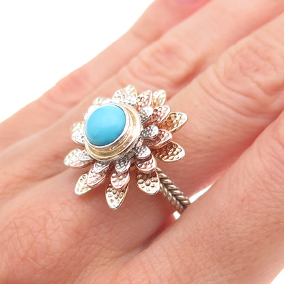 925 Sterling Silver 3-Tone Real Sleeping Beauty Turquoise Floral Ring Size 8.25