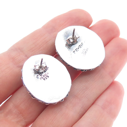 925 Sterling Silver Vintage Mexico Real MOP Modernist Roped Oxidized Earrings