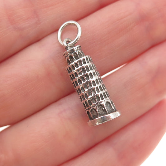800 Silver Vintage Leaning Tower of Pisa Oxidized 3D Mini Charm Pendant