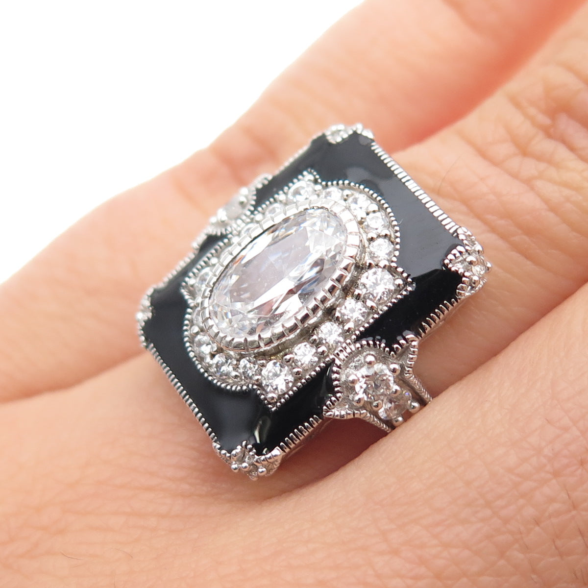 925 Sterling Silver Vintage Enamel & C Z Bohemian Ring Size 6