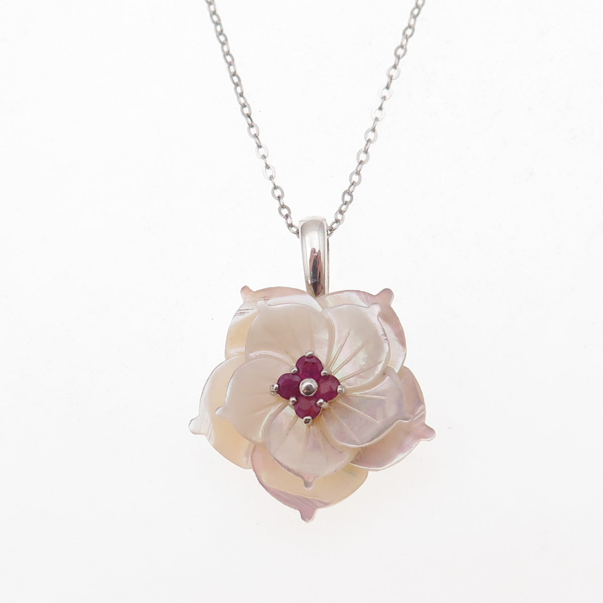 925 Sterling Silver Real Ruby & MOP Floral Cable Chain Necklace 18"