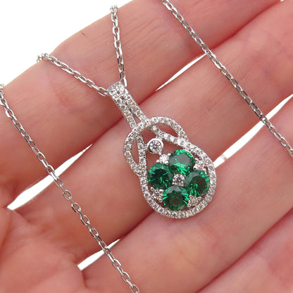 925 Sterling Silver Round-Cut Green & White C Z Cable Chain Necklace 18"