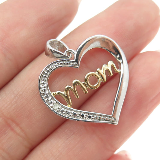 925 Sterling Silver 2-Tone Real Round-Cut Diamond "Mom" Heart Pendant