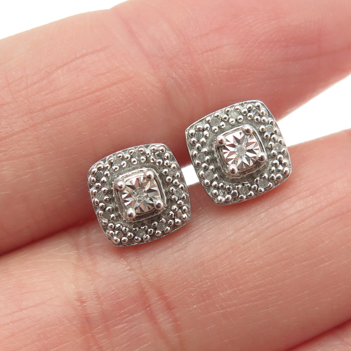 SUN 925 Sterling Silver Real Round-Cut Diamond Square Stud Earrings