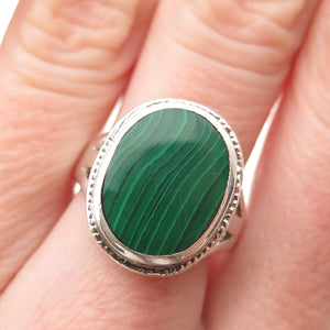 925 Sterling Silver Vintage Real Oval-Cut Malachite Ring Size 8.75